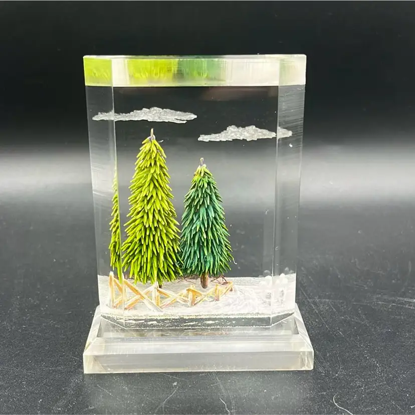 Lucite Reverse Carved Snowy Pines Paper Weight
