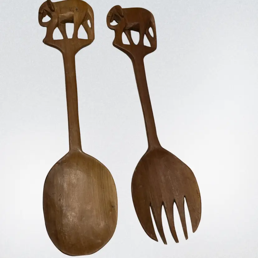 Hand Carved Wooden Salad Serving Spoon & Fork Set - Elephant  Handles- 11.5”