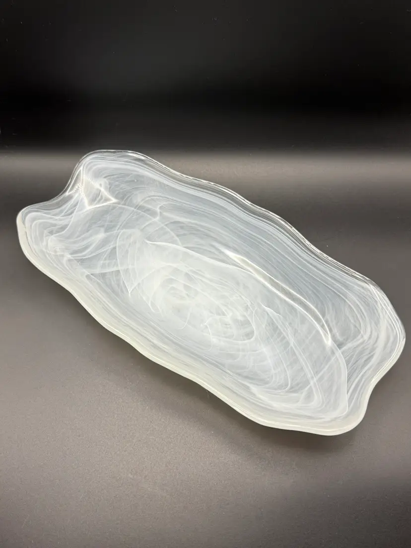 Recycled glass white ghost swirl tray.