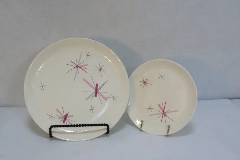 VTG Midcentury Salem Pink Gray Black Atomic Starburst Dinner Salad Plates set-2
