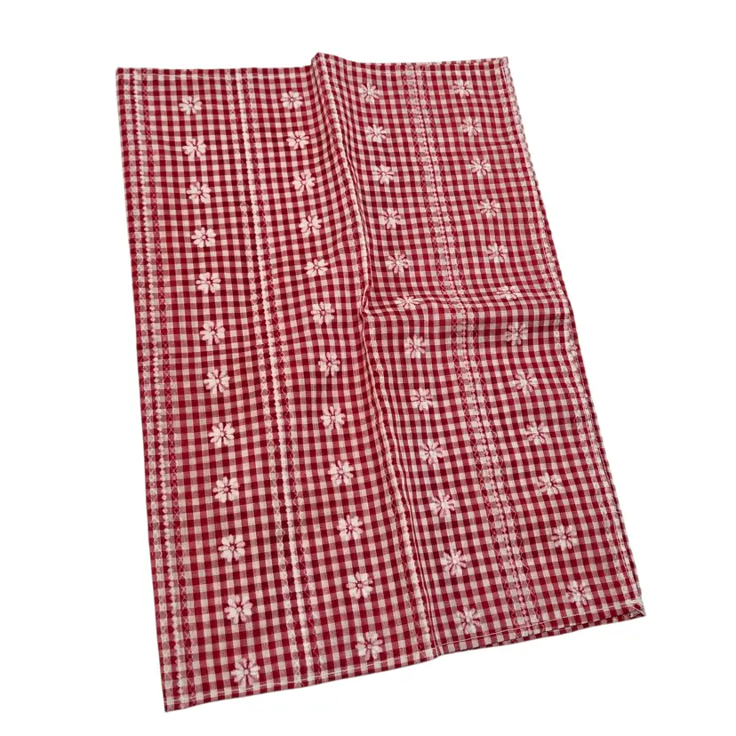 MCM Red White Plaid w Flowers Linen Towel small