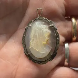 Antique Silver Carved Shell Cameo Brooch Pendant