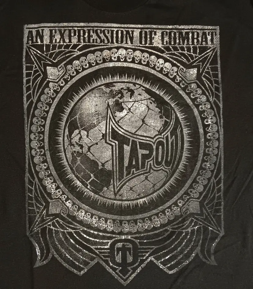 vintage TapOut Expression Of Combat T-Shirt Metallica Silver Black Raiders Skull