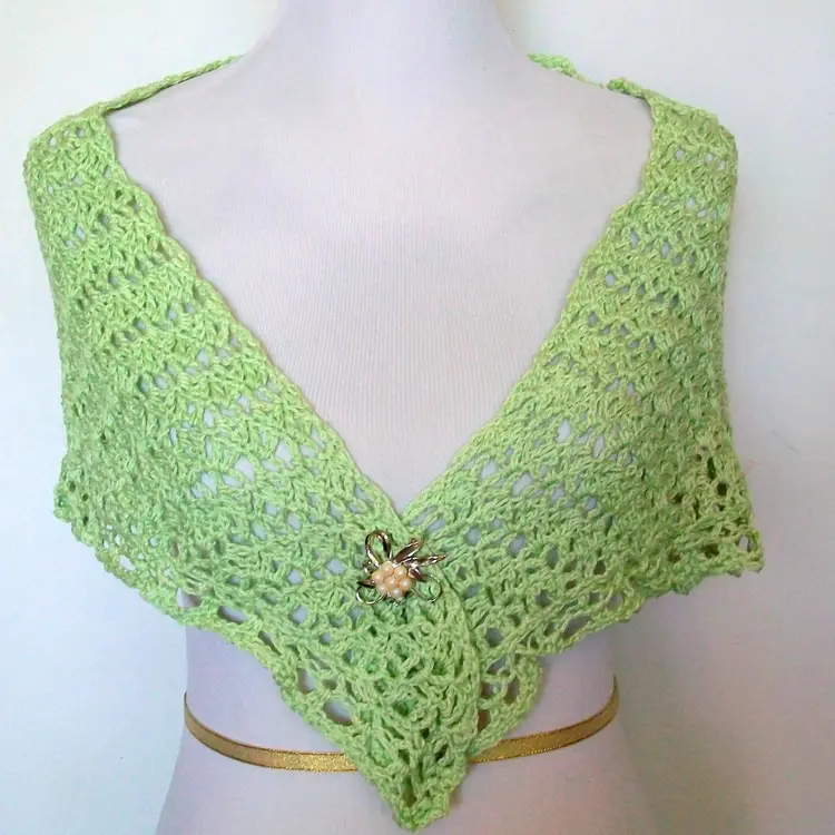 Handmade Crochet Green Lightweight Cotton Lace Shawl Wrap 17" x 51"