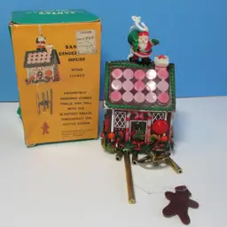 vintage plastic Santa gingerbread cabin Christmas chimes with box
