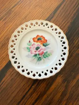 Vintage Reticulated Japan Floral Plate – Hand Painted Porcelain, Gold Trim, 5 Inch Decorative Dish