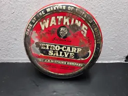 Vintage Watkins Petro Carbo Salve Tin Can With Product Drug Store 11 1/4 oz