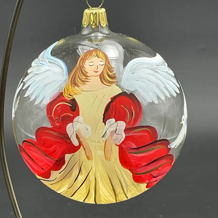 Pier 1 Angel Doves Glass Christmas Ornament Hand Painted Italy Signed VTG