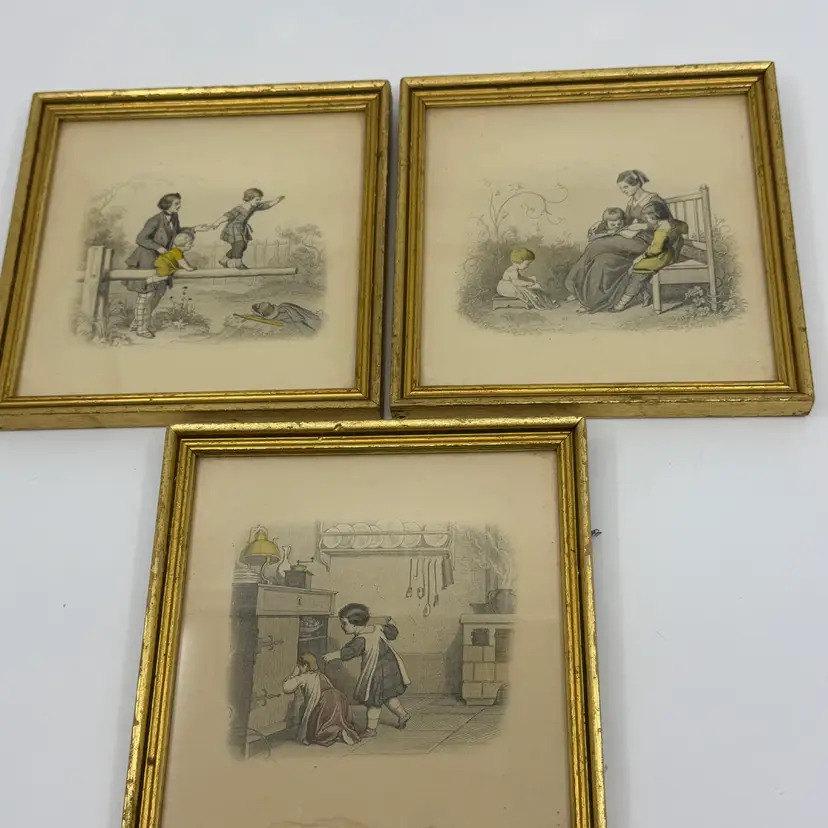 3 Vintage Gold Framed Prints Children In Kitchen-Mother Reading To Children-Father & Children 6”