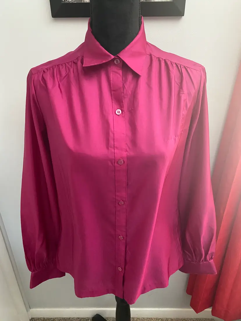 Vintage Silkhana by Lady Manhattan Polyester Magenta Long Sleeve Blouse Large
