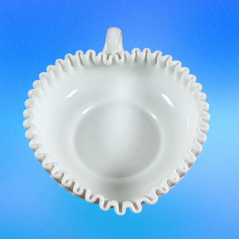 Fenton Hobnail Milk Glass Crimped Heart Handled Candy Dish 8”