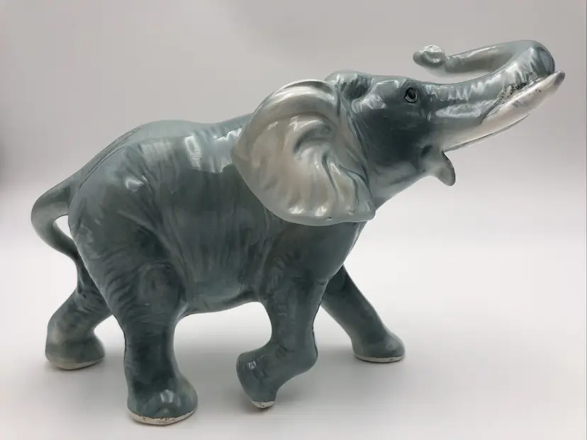 Blue Ceramic Elephant Figurine Statue Tusks Trunk Up For Luck