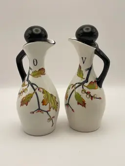 Vintage, Japan, Ceramic Oil & Vinegar Cruets, Black & Cork Stoppers, 5.25” Tall