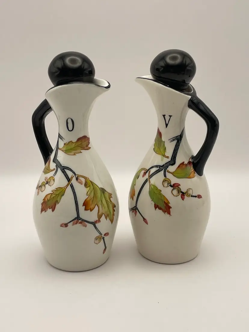Vintage, Japan, Ceramic Oil & Vinegar Cruets, Black & Cork Stoppers, 5.25” Tall