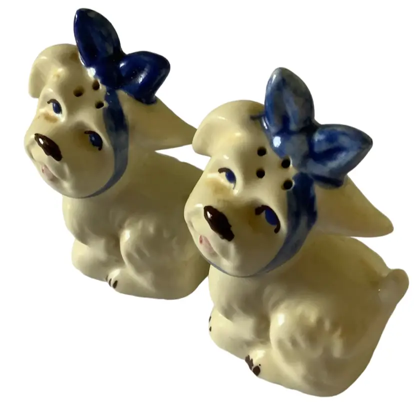 Vintage Scottie Puppy Dogs Cold Painted Blue Head Bows Salt Pepper Shaker 3.5” Tall