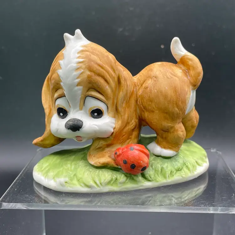 Lefton #1316 Puppy Dog with Ladybug Porcelain Figurine Vintage Home Decor