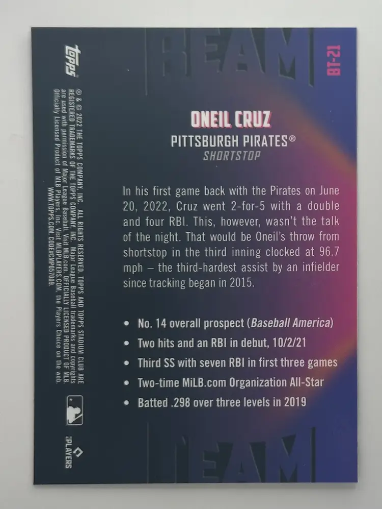 Oneil Cruz Stadium Club Chrome Beam Team RC