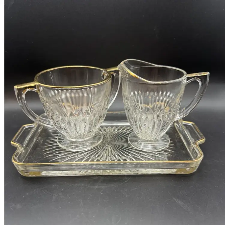 Vintage Jeanette Glass Company "National" Gold-Trimmed Sugar and Creamer Set with Tray
