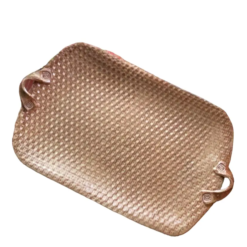 Stunning Studio Basket weave Sandstone Pottery Serving Or Charcuterie Tray Signed Simons