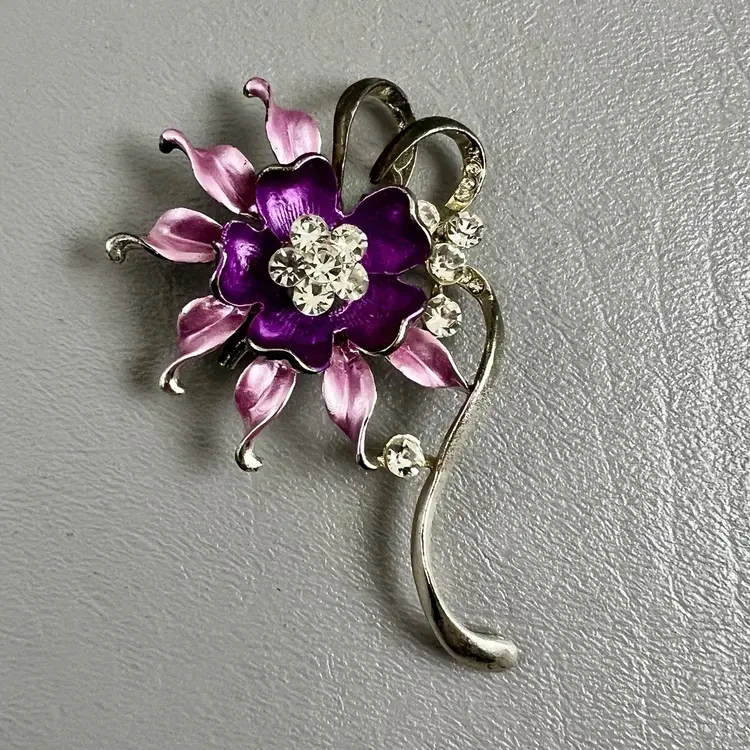 Floral Silver Tone Large Purple Flower Brooch Pin Clear Rhinestones 3" Mauve