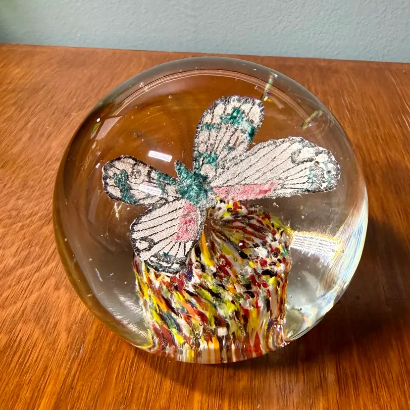Vintage CZECH Art Glass Hand Blown Colorful BUTTERFLY Paperweight Rainbow Frit