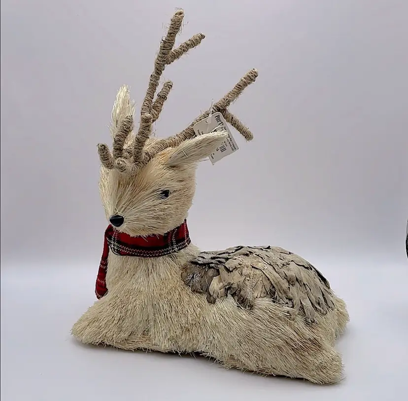 Pier 1, Sisal Resting Reindeer, Antlers, Red Plaid Scarf, Bark Texture & Glitter