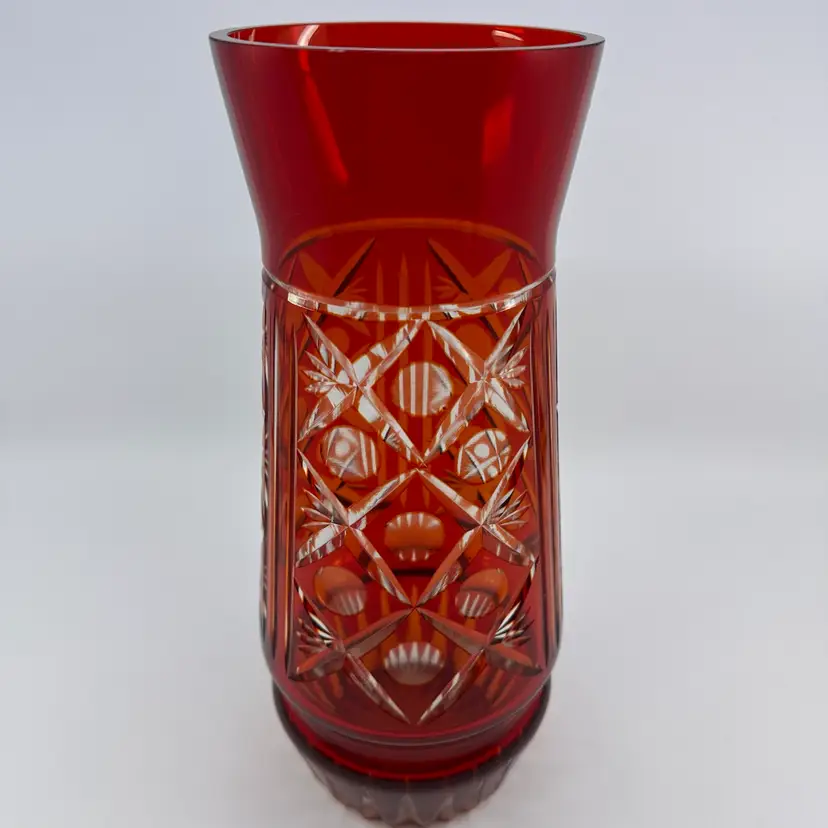 Bohemian 1960s Red Cut To Clear Glass Vase 11”