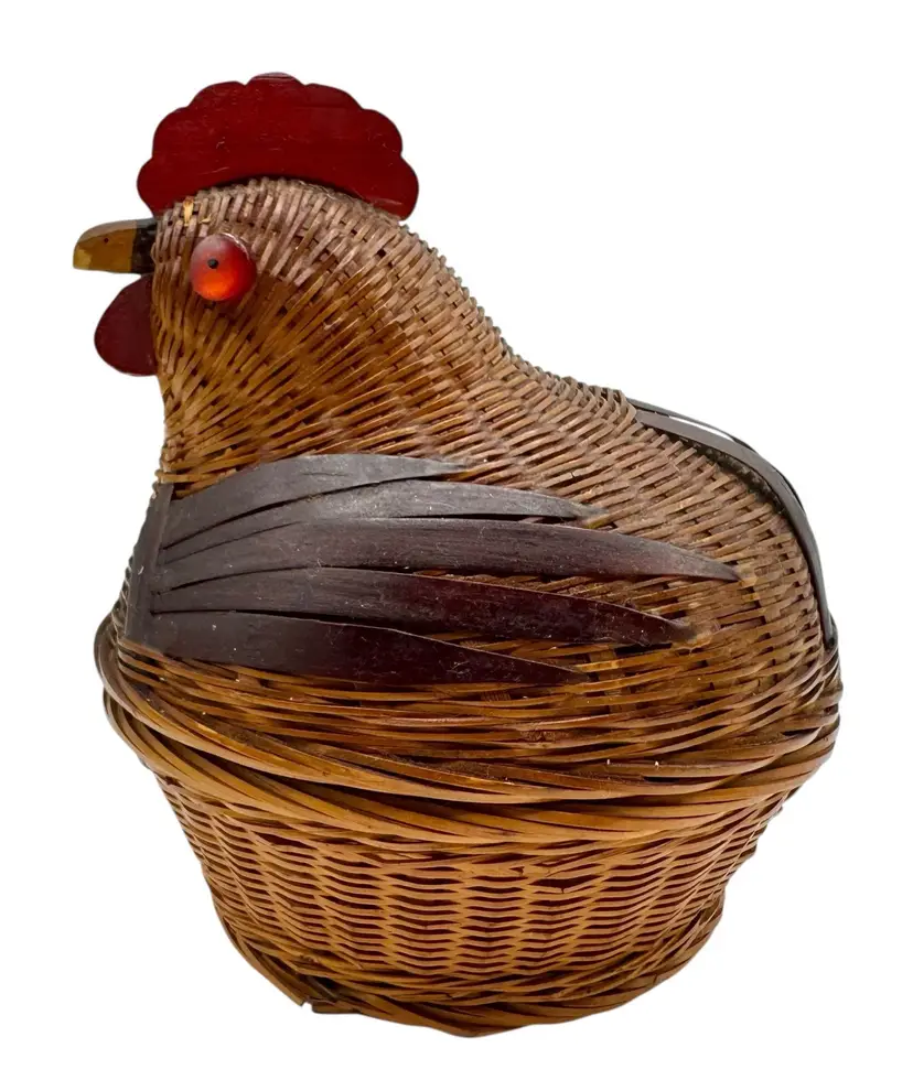 Vintage Chicken Hen Rooster Bird Basket Container Lid Wicker Button Eyes 6.5”
