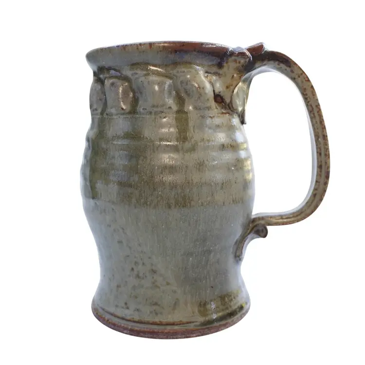 Handmade Studio Pottery Chino Valley Pottery Large Coffee Beer Mug Tankard Green Glaze, Signed, 6"