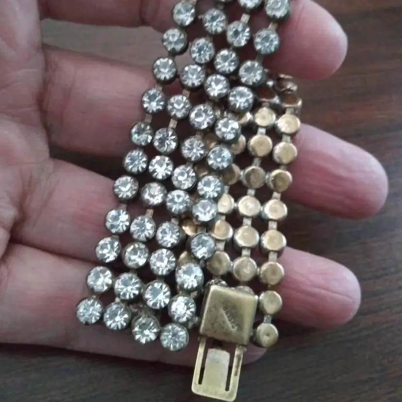 Vintage 1940s Czech Bracelet Clear Rhinestones Crystals all Pronged Signed