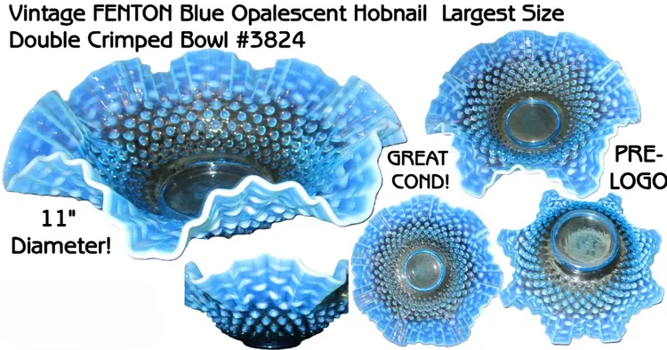 Fenton Aqua Blue Opalescent Hobnail Double Crimped 11" Bowl #3824