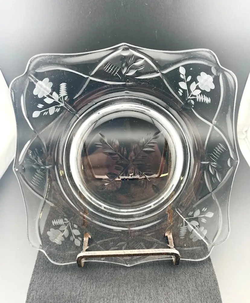 Set of 2 Vintage Glass Luncheon Plates -Rocke Sharpe Style - Reverse Etched