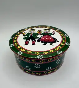 Italian Hand Painted Folk Couple Ceramic Trinket Box with Lid, Vintage