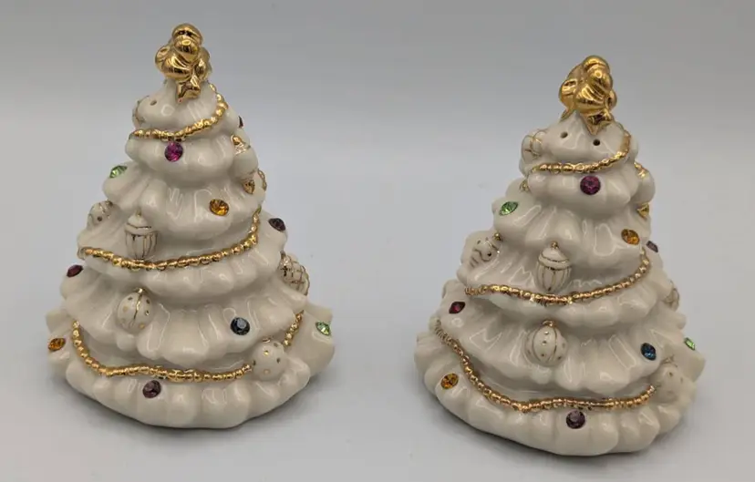 2001 Lenox Jewels of Christmas Tree Salt and Pepper Shakers  Ivory / Jewels/Gold
