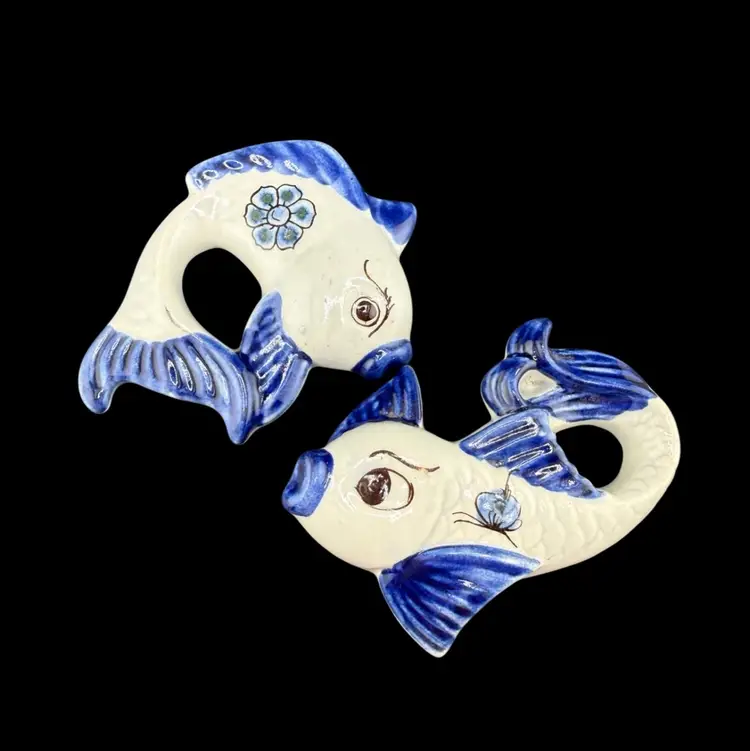 Tonala Mexican Pottery Butterfly And Floral On Fish Wall Decor Signed 5" Set Of 2