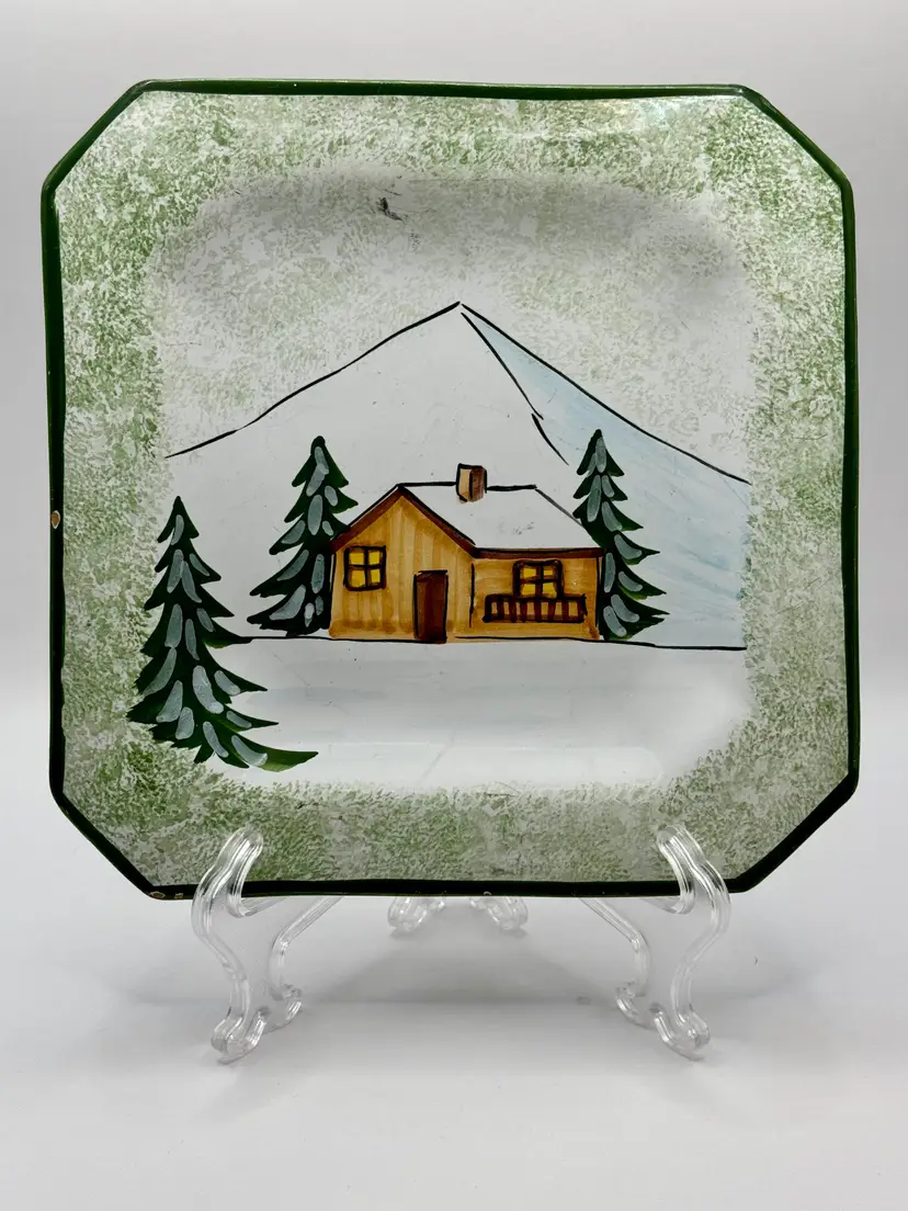 Vintage 1998 Italian Winter Cabin Scene Decorative Plate, Snowy Landscape With Pine Trees, Collectible Home Decor, By Talbots, Made In Italy