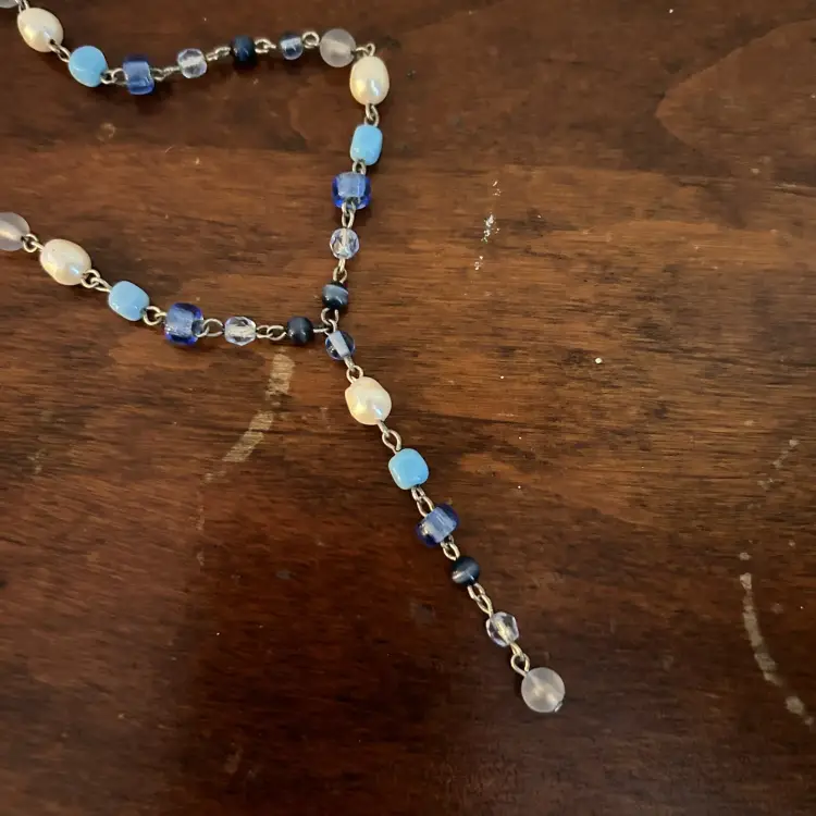 Vintage Chain Beaded Necklace Blue & White 16”