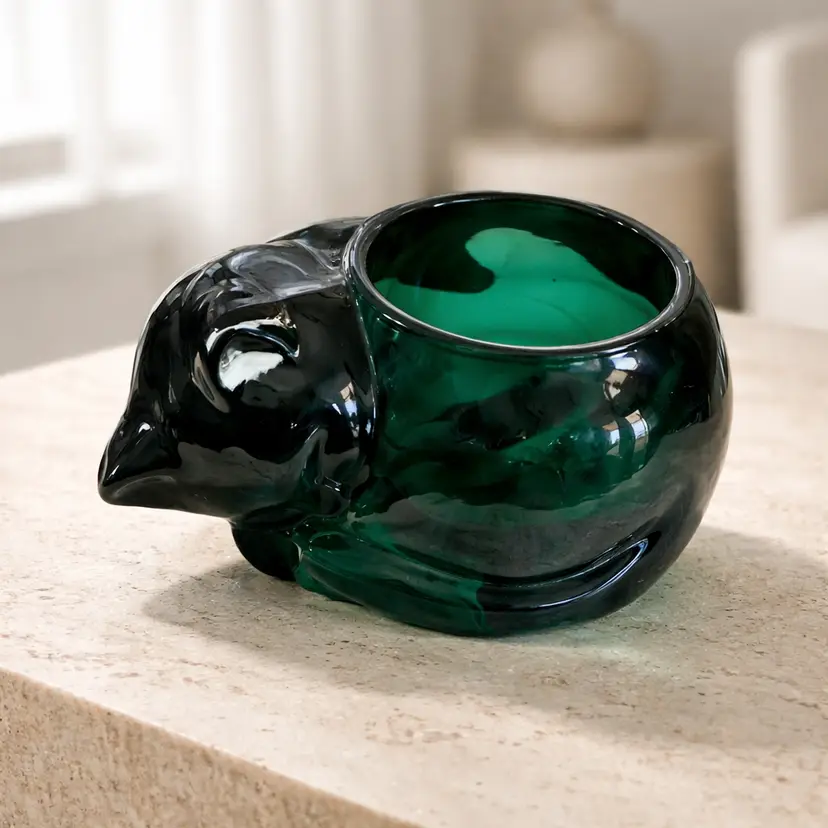 Vintage Indiana Emerald Green Glass Sleeping Cat Votive Candle Holder, 2.5" Tall
