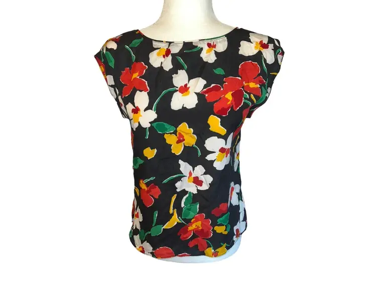 Vintage 70s/80s Black Mod Prophecy Floral Cap Sleeve Blouse Top Size 6