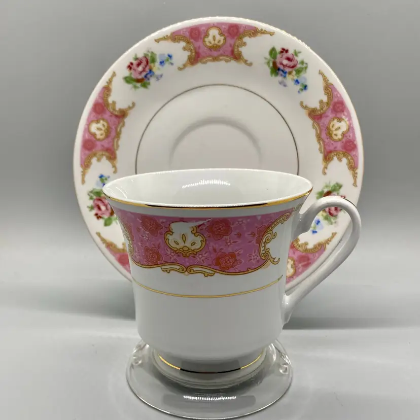 Truly Tasteful Pink White Hand Painted Roses Cup and Saucer with Display Stand