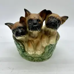 Vintage Lefton 3 Boxer Dog Puppies In Basket Ceramic Figurine Bulldog Terrier