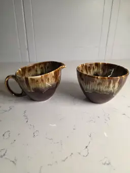 Vintage Brown Drip Pottery Creamer and Sugar Bowl Set (sugar bowl does not include lid).