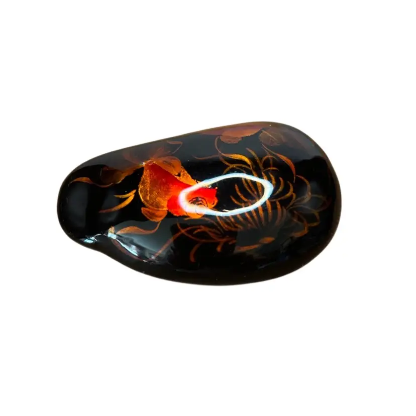 Vintage Hand Painted Black Laquered Stone Paperweight Featuring Orange Koi/ Goldfish @3 1/2”