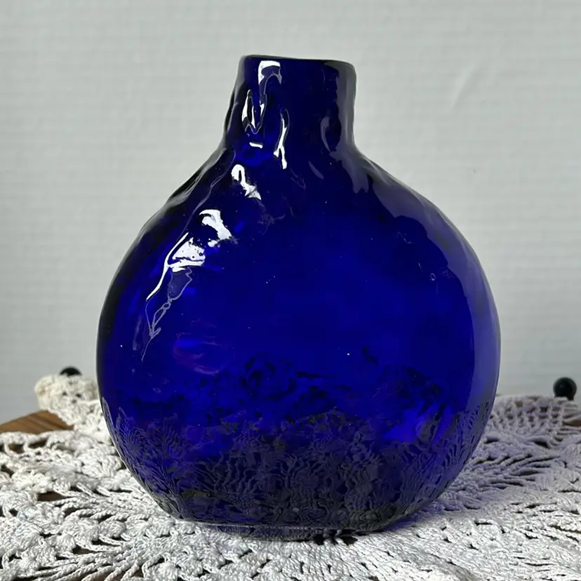 Hand Blown Artist Made Cobalt Blue Bud Vase Dimpled 5” By 5” 