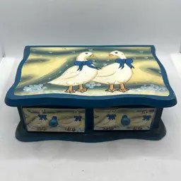 Vintage handmade wooden trinket jewelry box country goose blue bows