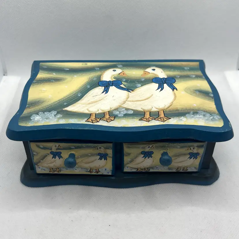 Vintage handmade wooden trinket jewelry box country goose blue bows