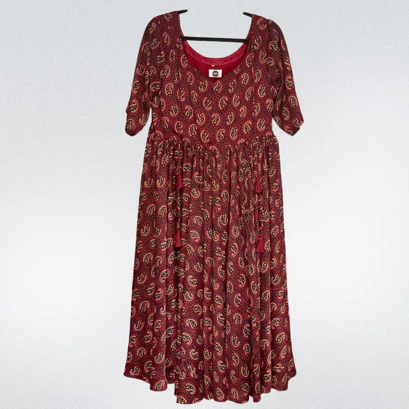 Burgundy & Navy Paisley Printed Boho Maxi Short Sleeve Dress Sz XXL