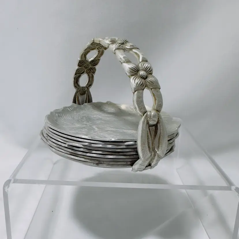 #191 Vintage 1950"s Rodney Kent, Unsigned, Set of 8, Leaf Shaped Coasters with Caddy