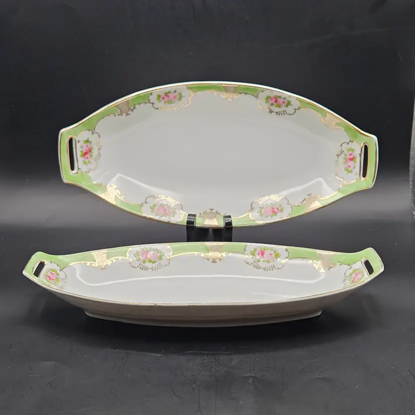Nippon Celery Oval Dishes Green Pink Roses Gold Trim Handled Antique 1900s (Set of 2)