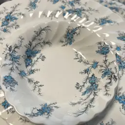 A vintage Myott Staffordshire blue floral transferware plate. “Forget Me Not” Pattern. Made In England Blue Florals, Perfecting Crazing To Add To The Perfect Old World Feel. Set Includes A 9” Plate, A 4” Plate And A Small Fruit Bowl. Spring Blue Flower England